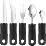 Leanockesa Easy Grip Cutlery Set of 5 Black – Adaptive Utensils for Arthritis & Parkinson's – Knife, Fork, Spoon – Disability Aids for Elderly with Wide Handles