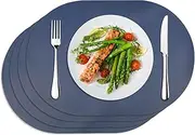 Placemats Faux Leather Double-Sided Oval Table Mats Set of 4, Heat-Resistant Waterproof Non-Slip Washable Mats for Kitchen Dinning Table, PU Table Mats (Blue+ Light Gray)