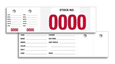 Red Vehicle Stock Numbers with Two Key Tags - 7" × 2" Car Dealer Numbered Stock