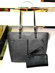 Michael Kors Jet Set Travel Medium Black Tote & Double Zip Leather Wallet Set
