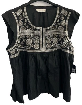 Lucky Brand Top Blouse L Dark Gray Embroidered Boho NEW Retail $79 Peasant