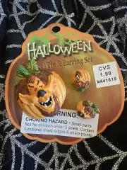 Vintage CVS Scary Pumpkins Halloween Lapel Pin & Earrings Fall Whimsical Patch ￼