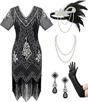 [SWEETV] Women's Flapper Dresses 1920s Fringed Sequin Great Gatsby Dress with 20s Accessories -Roaring 20s Costumes