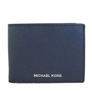 MICHAEL KORS Harrison燙銀Logo防刮皮革雙折對開式短夾(海軍藍色)