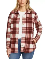 Eddie Bauer Microfleece Shirt Womens XL Shacket Maroon Plaid Side Pockets