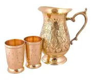 Brass Jug Pitcher Drinking Water Design Embossed Home Décor Gift 1500 ML 2 Glass
