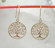 3D Tree of Life Filigree Cut-out Dangle Drop Earrings REAL Solid 10K Yellow Gold