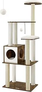 Feandrea WoodyWonders Cat Tree, 65-Inch Modern Cat Tower for Indoor Cats, Multi-Level Cat Condo with 5 Scratching Posts, Perch, Washable Removable Cushions, Cat Furniture, Rustic Brown UPCT166X01