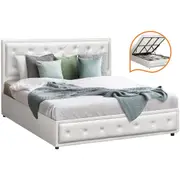 Oikiture Bed Frame King Size Gas Lift Base With Storage White Leather