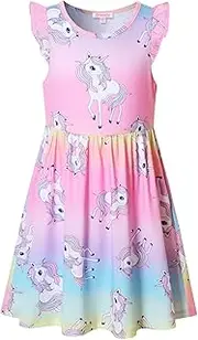 [QPANCY] Girls Unicorn Dresses Summer Flutter Sleeve Rainbow Party Clothes for Kids