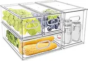 4 Pack Mano Stackable Drawers Fridge Organizer Bins with Pull Out Handle, Divided Container Set Clear Refrigerator Storage Box Plastic Produce Saver for Pantry, Cabinet, Kitchen, Clothes