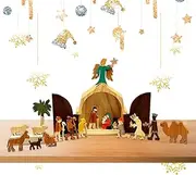 Ruhnjyg Nativity Set With Figures - Christmas Decorations Crafts Nativity Set With Wooden Figures, Wooden Christmas Nativity Set With 17 Separate Parts For Living Room, House