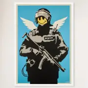 Galrie Banksy Flying Copper Art Print - Iconic 2003 Artwork on Museum-Quality Paper, White Frame, 50 x 70cm (20 x 28inch)