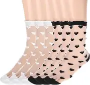 [Zyghjort] 6 Pairs Sheer Socks, Lace Women Fashionsheer Socks Ankle Ruffled Ultra Thin Cool See Sock Cute Heart Summeer Thin Mesh Lace Black and White Mesh Sock for Women(Black, White)
