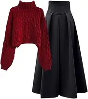 [Generic] Women's Winter High Neck Knitted Sweater Suit Solid Long Sleeve Pullover Tops High Waist Skirt Two Piece