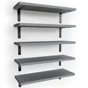 Set of 5 Rustic Wood Shelves Floating Hanging Wall Shelves w/ 10 Shelf Brackets