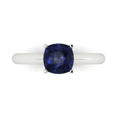 1.5Ct Cushion Cut Blue Sapphire Solid Gold Solitaire Engagement Promise Ring