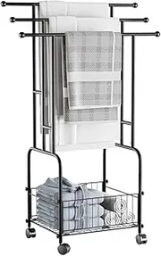 Blissify 42" H Freestanding Towel Rack, 3-Tier Large Towel Stand with Basket, Tall Metal Drying Holder with Pulley, Bathroom Accessories for Living Room Bedroom Hot Tub, Black