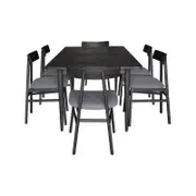 Claire 7pc Dining Set Table 180cm Solid Oak Wood Fabric Seat Chair - Black