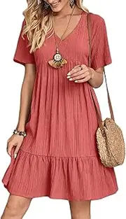 [ZPLxi] Women's Summer Bohemian Casual Sundress V Neck Ruffle Loose Short Sleeves Bohemian Beach Linen Pleated Hem Midi Dress