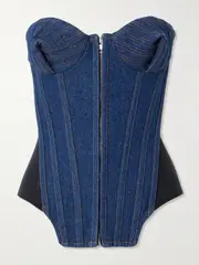 [Jean Paul Gaultier] Jean Paul Gaultier - Mesh-trimmed Denim Bustier Top - Blue - FR 40 FR 40 Blue