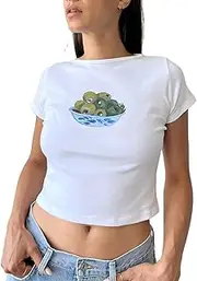 [Amiblvowa] Women's Short Sleeve Y2K Baby Tees E-Girls Cute Graphic Print Crop Tops Slim Fit T Shirts Retro Vintage Aesthetic