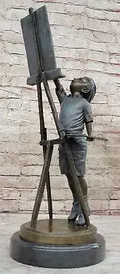 Lost Wax Method Bronze Sculpture of Young Boy Painting on Canvas Artwork Sale