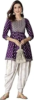 [INDACORIFY] Gold Printed Kurti with Beautiful Embroidery Work Soft Rayon Fabric Indian Siut printed Dress With Dhoti Pant