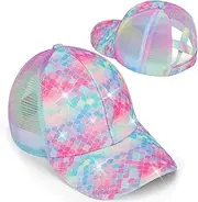 [BROMZ] Girls Glitter Baseball Cap Criss Cross Ponytail Hat Adjustable High Messy Bun Ponycap Kids Trucker Hat for 4-12 Years