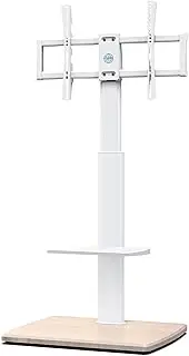 FITUEYES TV Floor Stand White with Wood Base for 32-55 65 70 Inch, 142cm Tall TV Stand with 60° Swivel & Height Adjustable, Universal Slim TV Mount with Shelf Max. VESA 600x400mm Holds 40kg
