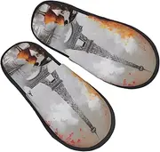 [STVYUKL] Women'S Fuzzy Slippers Soft Cozy Non-Slip House Slippers Cute Warm Eiffel Tower Paris Painting Home Shoes For Indoor Outdoor Bedroom, Black, X-Large Wide