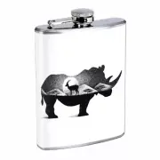 Rhino Art Black White Em1 Flask 8oz Stainless Steel Hip Drinking Whiskey