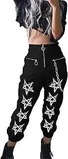 XKBHYD Gotik Harajuku Grafik Hose Reißverschluss Kette Harem Hose Halloween Hohe Taille Lässige Hose
