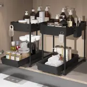 2 Pack Under Sink Organizers and Storage, 2 Tier Sliding Bathroom Black 2Pack