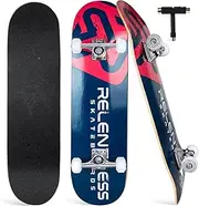 Relentless 31 Inch Complete Skateboard with Grip Tape, Skateboard Wheels, 7 Layer Maple Skateboard Deck, Concave, Double Kick - Suitable for Kids, Teens, Adults with All-in-One Skate T-Tool