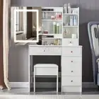 Modern Make up Desk 6-Drawers Dressing Table Stool Set with Dimmable LED Mirror