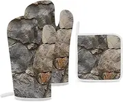 Realistic Stone Wall Oven Mitts and Pot Holders 3Pcs Set Kitchen Oven Glove Potholder 500 F Heat Resistant Oven Mitts Sets Non Slip Oven Mitt Hot Pads for Cooking Baking