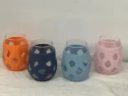 ELLO -- CRU -- GLASS STEMLESS WINE TUMBLERS WITH SILICONE SLEEVE, 4 COLORS