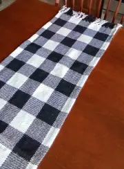 NEW Buffalo Plaid Table Runner Black White Fringe Ends Cotton India 60"Lx14"W