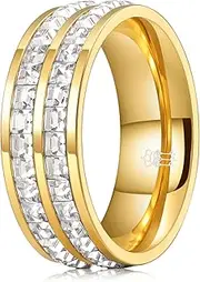 [Three Keys Jewelry] 7mm Gold Baguette Zircon Stainless Steel High Polished Wedding Band Engagement Ring for Men Women Comfort Fit