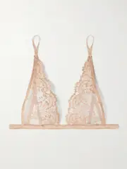 [Kiki de Montparnasse] Kiki de Montparnasse - Juliette Satin-trimmed Embroidered Tulle Soft-cup Triangle Bra - Camel - large large Brown