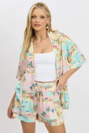 Multi Abstract Relaxed Shirt Short Sleeve Linen Blend - Size 6, Women's Shirt
