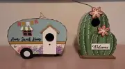 Set of 2 Bird Houses, Cactus and Vintage RV Home Decor with hanging wire