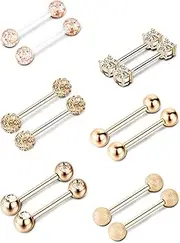 [Sumind] 6 Pairs Nipple Bars Surgical Stainless Steel Piercing Titanium Barbell Ring Tongue Ring Cubic Zirconia Nipple Rings Body Piercing Jewelry, 14 Gauge