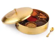 Brass Spice Box/Masala Dabba Kitchen with Lid/7 Spice Containers and 1 Spoon