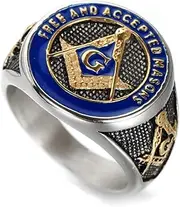 [INRENG] Men's Stainless Steel Vintage Freemason Masonic Biker Rings Blue Free and Accepted Masons Ring Band