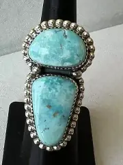 2 stone Natural Morenci Turquoise Sterling Sz7.5 Byrd Navajo Avin Joe R0252