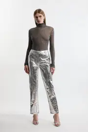 Metallic Faux Leather Straight Pants