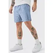 Mens Elasticated Waist Pinstripe Linen Look Short In Blue