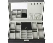 WSECOMM Multi-function Watch Boxes Jewelry Display Cases with Mirror,Ring Case,Earring Card,Hook,Removable Cushions,Framed Glass and Secure Lock for